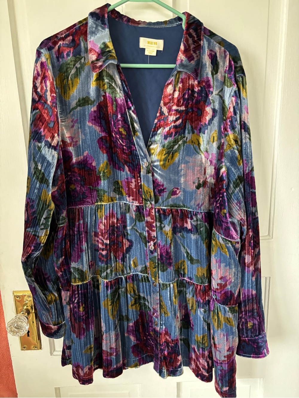 Anthropologie Blue Velvet Floral Tiered Long-Sleeve Dress
